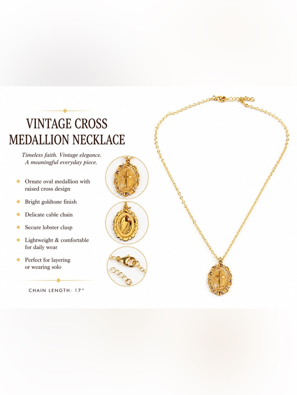 Vintage Gold Cross Medallion Necklace Religious Faith Pendant 17” Chain